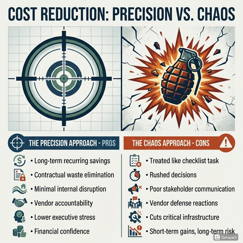 Pros and cons of cost reduction infographic showing precision cost reduction versus chaotic cost cutting approach in business operations