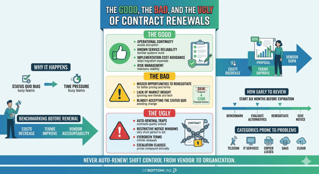 The good the bad and the ugly of contract renewals infographic explaining benchmarking status quo bias and auto renewal contract traps